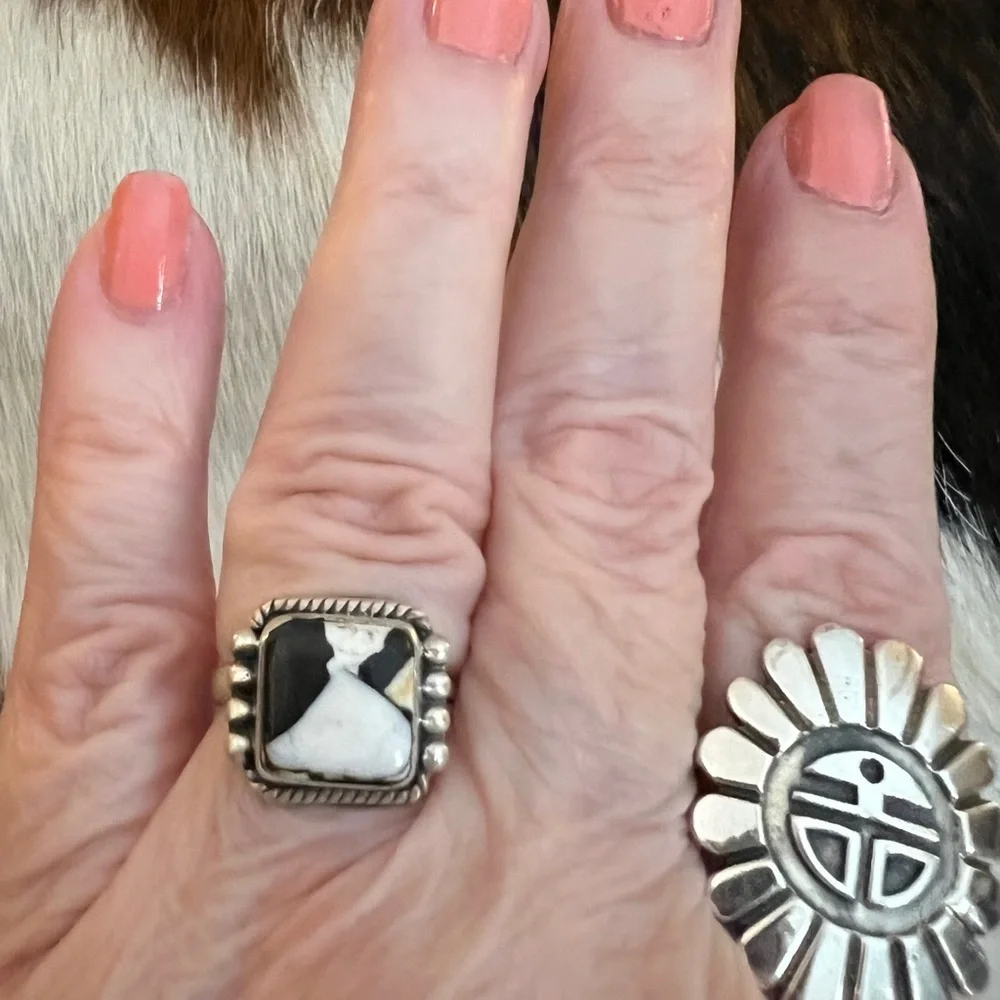 ❤️ White Buffalo Turquoise Square 925 Ring Navajo Style Matte ADJ SZ 5 to 7.5